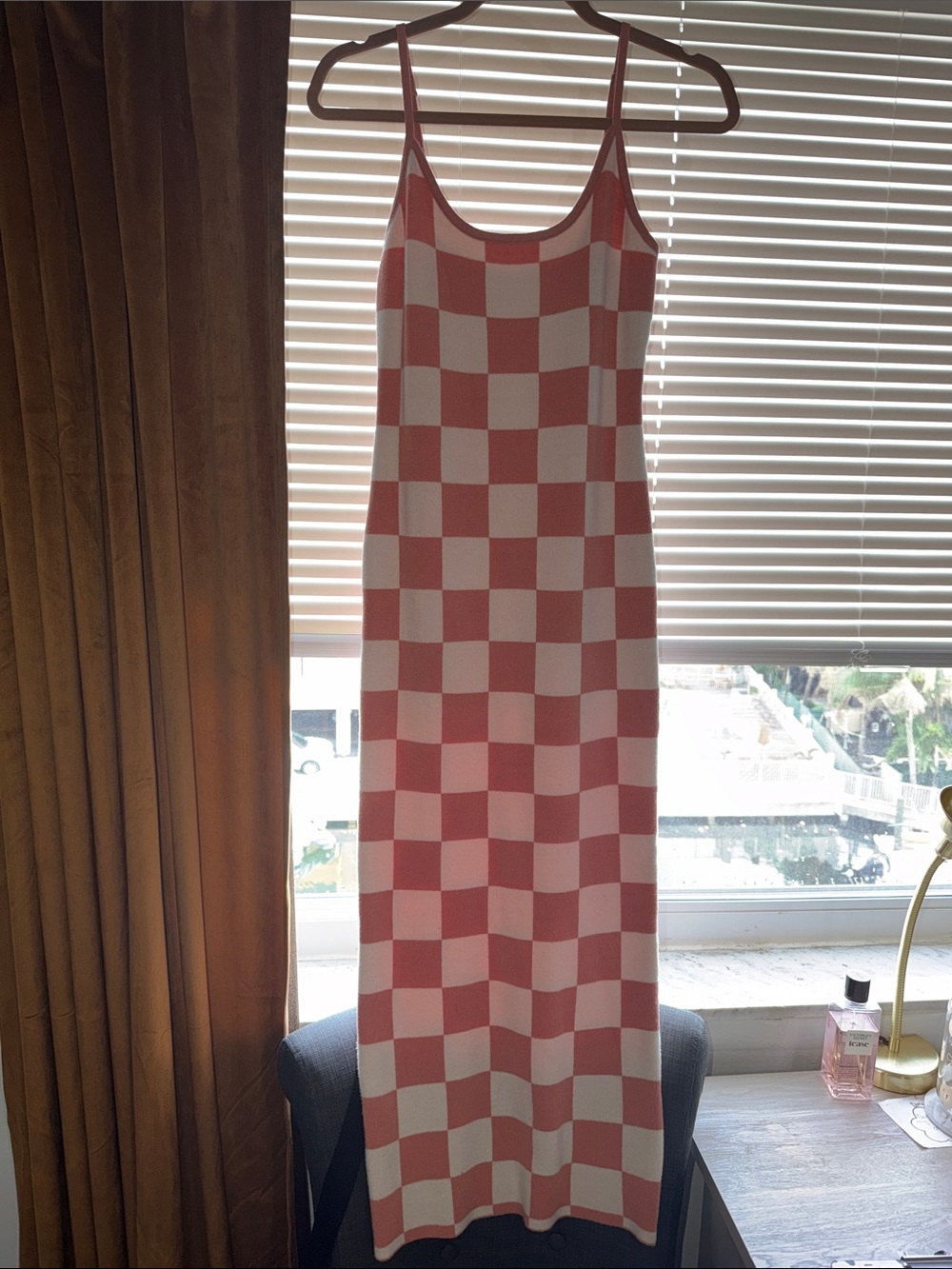 Peach and White Checkered Knit Dress - Women's Knit Dress, 42 1/2 in long, small